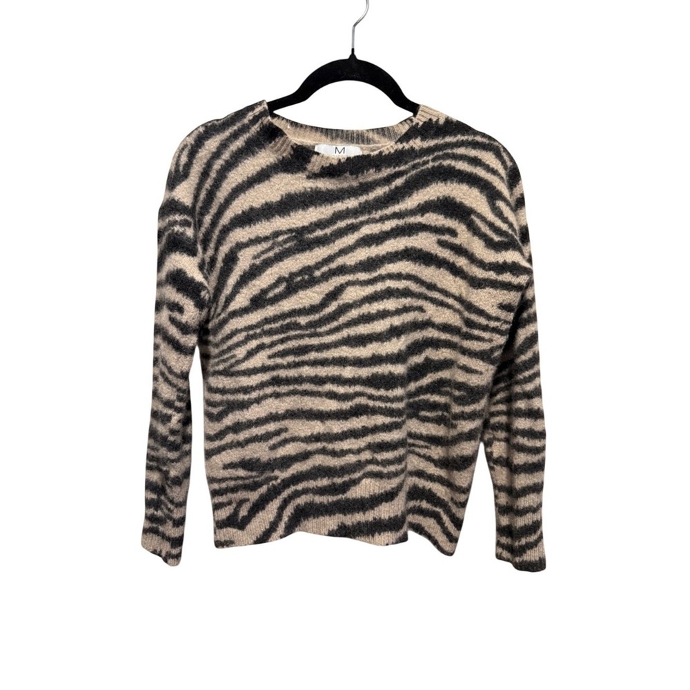 Magaschoni Cashmere Zebra Print Crewneck Sweater Tan Black Large 100% Cashmere
